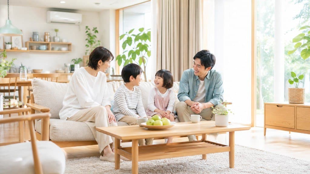 明るいリビングで団欒する家族