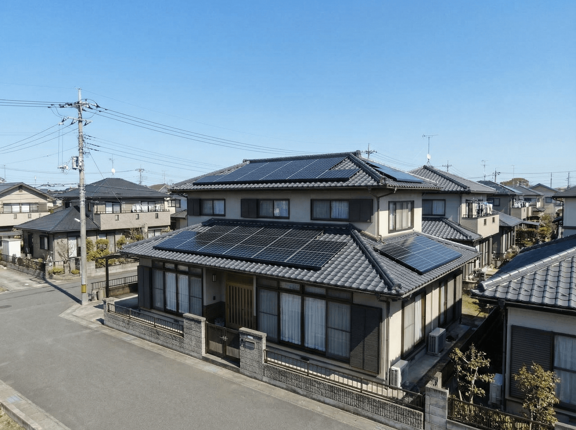 青空の下、屋根に設置された太陽光パネル