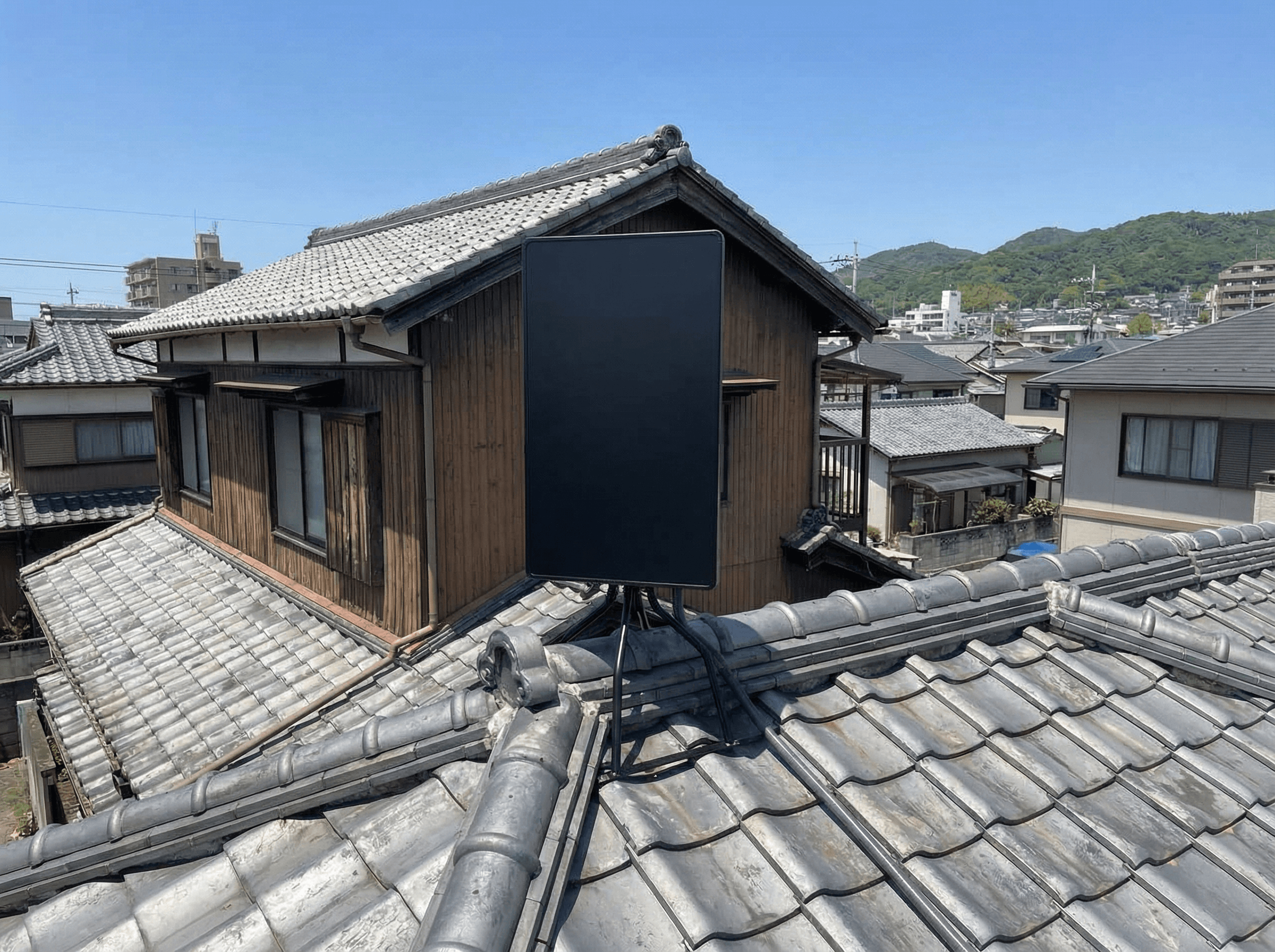 青空を背景にアンテナを設置しているスタッフ