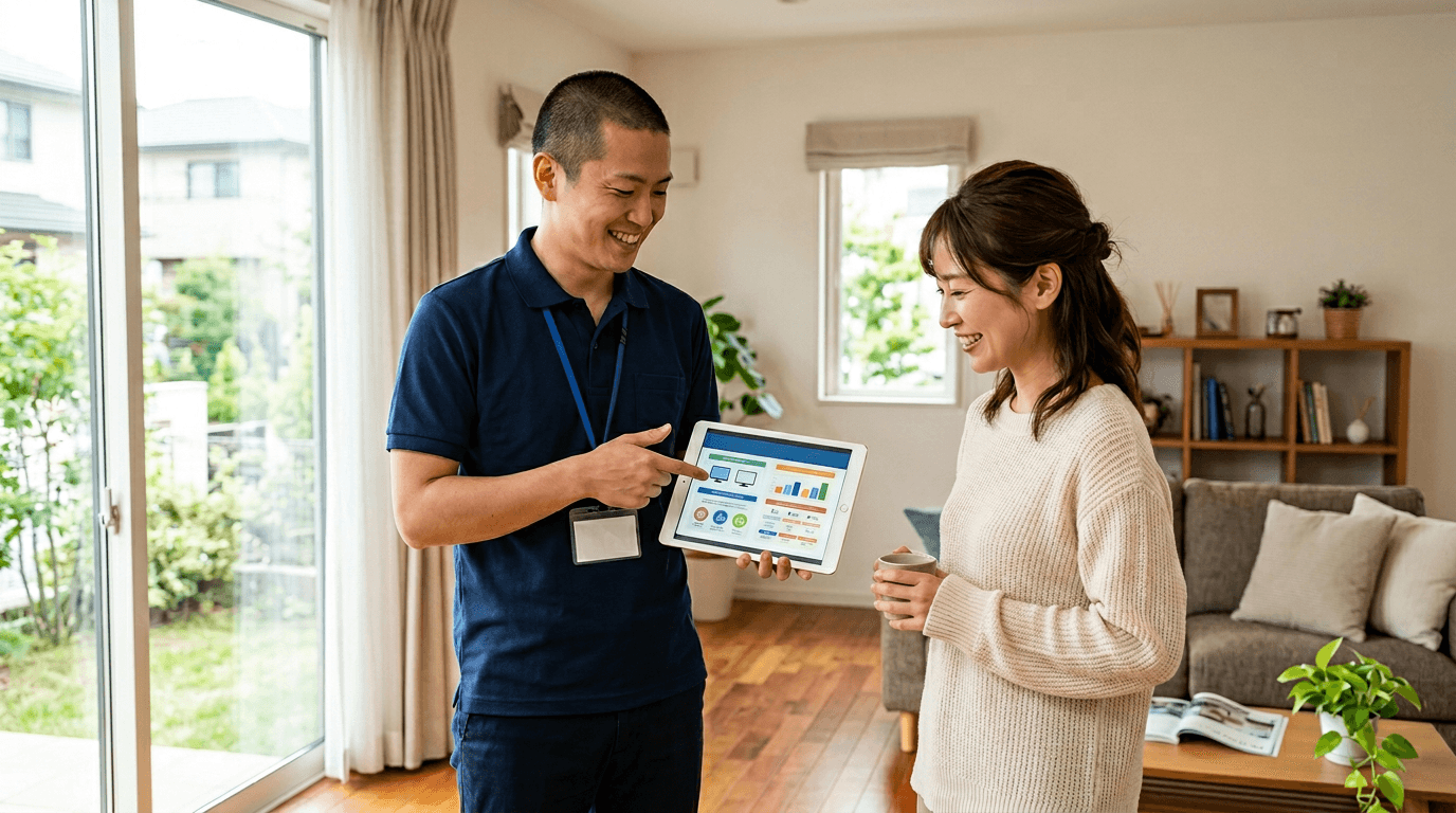 ご自宅訪問で顧客に光回線やCATVの料金・プランを案内する営業スタッフ